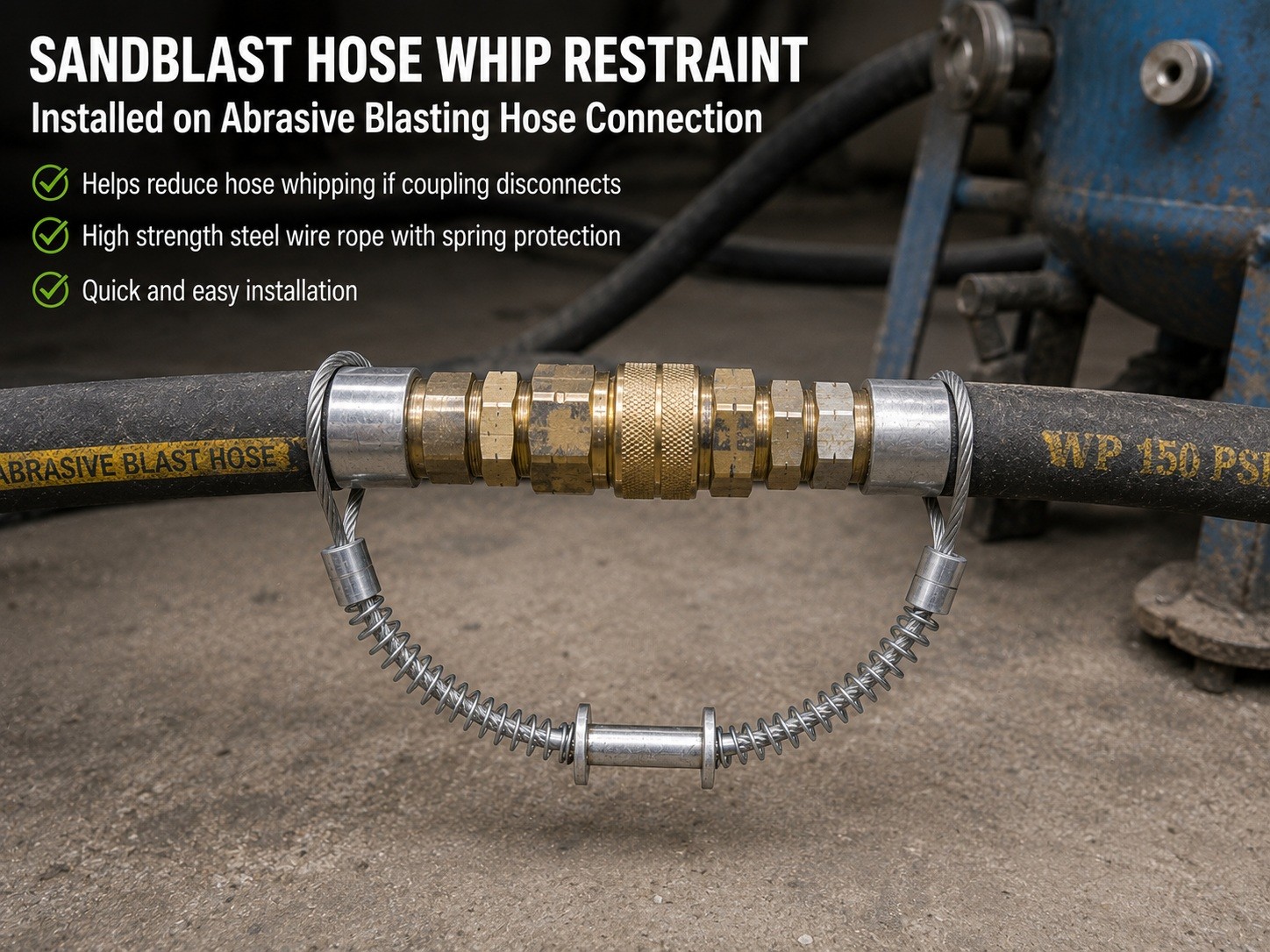 Sandblast hose whip restraint installed on abrasive blasting hose connection Sandblast hose whip restraint installed on abrasive blasting hose connection