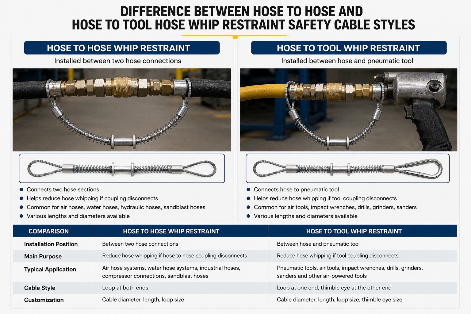 Difference between hose to hose and hose to tool hose whip restraint safety cable styles Difference between hose to hose and hose to tool hose whip restraint safety cable styles