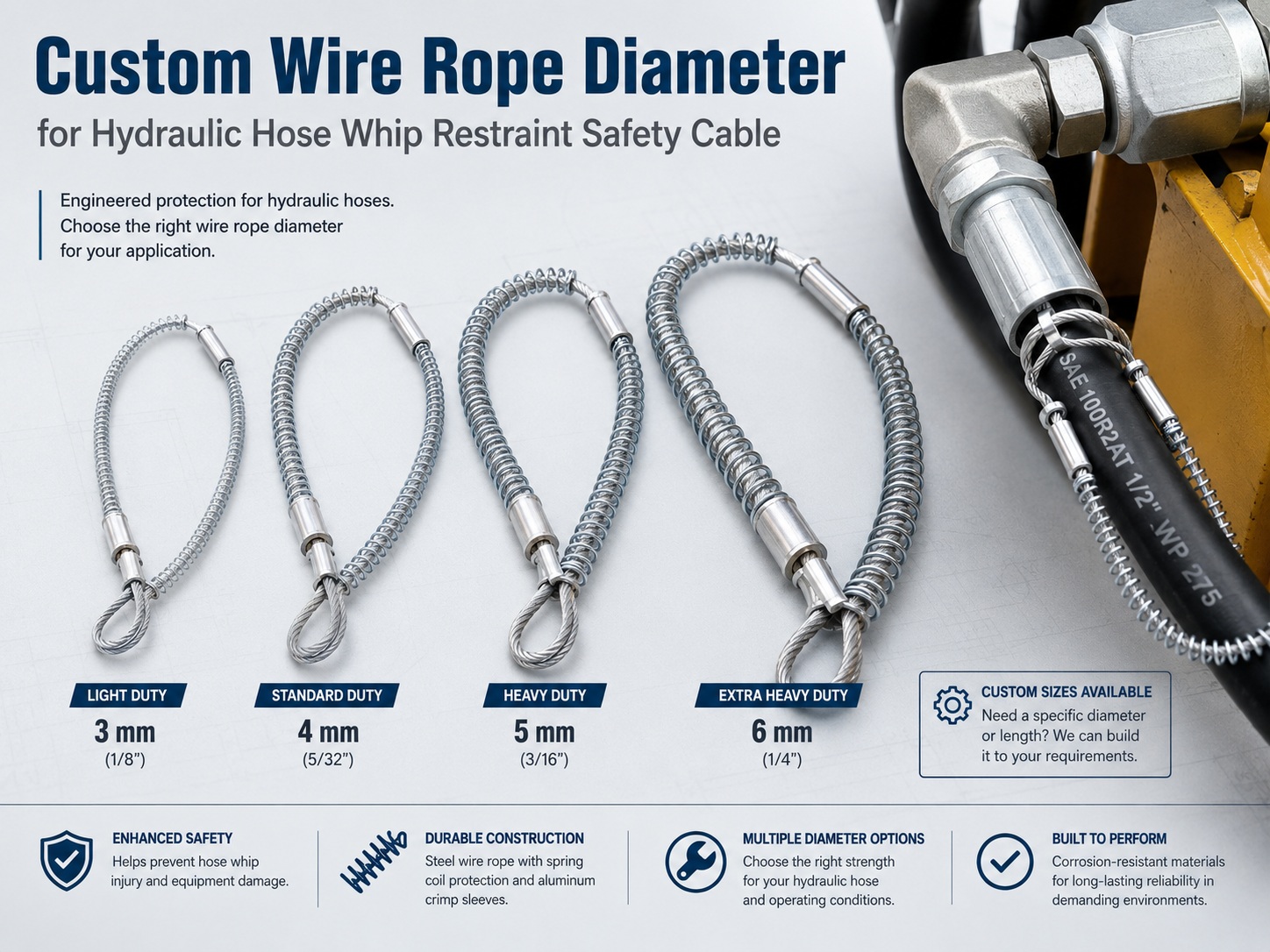 Custom wire rope diameter for υδραυλικό σύστημα συγκράτησης μαστιγών σωλήνων safety cable