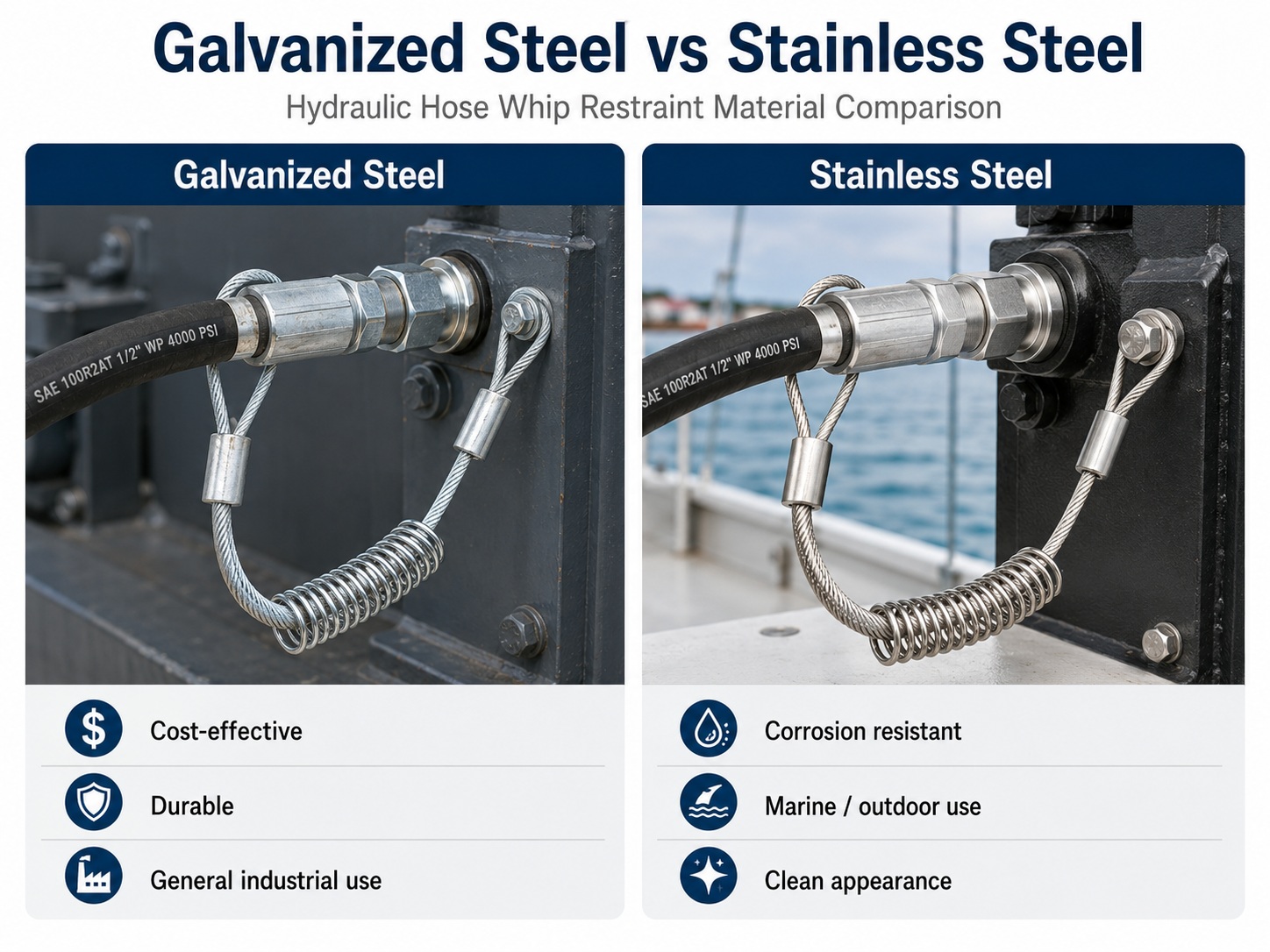 Galvanized steel and stainless steel υδραυλικό σύστημα συγκράτησης μαστιγών σωλήνων material comparison
