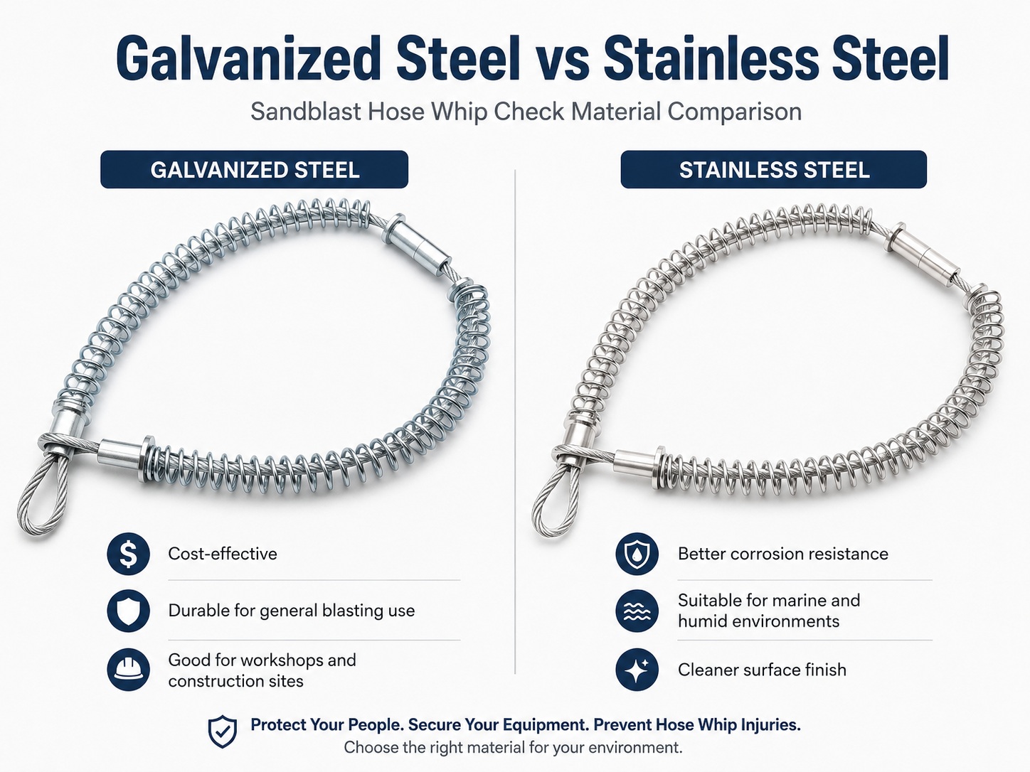 Galvanized steel and stainless steel sandblast μάνακας μαστίγιο έλεγχος material comparison