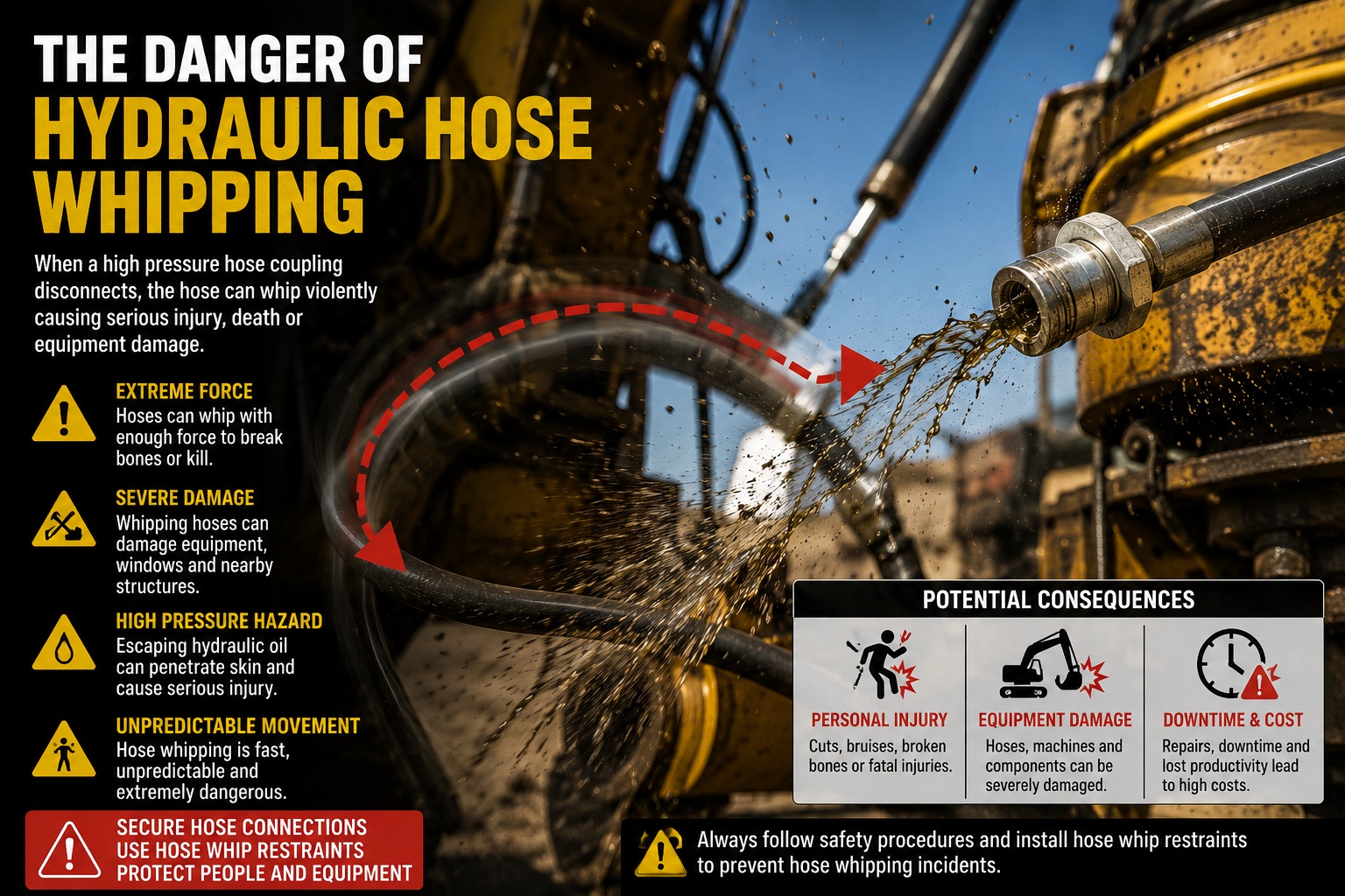 Risk of hydraulic hose whipping when high pressure hose coupling disconnects