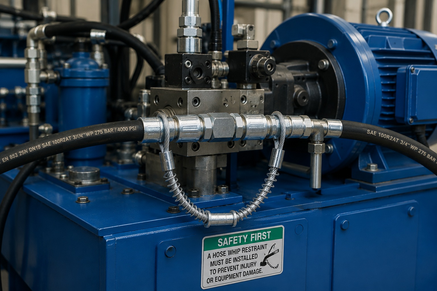 Υψηλό pressure hose restraint installed on industrial hydraulic power unit